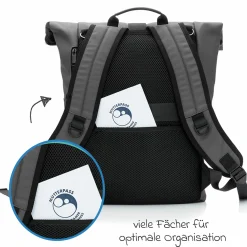 Wickelrucksack Oslo im Rolltop-Design mit variablem Stauraum inkl. Wickelunterlage, Flaschenwärmer & Befestigungshaken - Grau