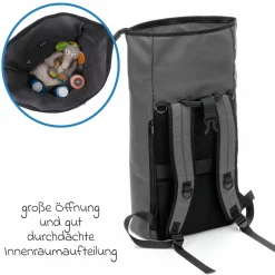 Wickelrucksack Oslo im Rolltop-Design mit variablem Stauraum inkl. Wickelunterlage, Flaschenwärmer & Befestigungshaken - Grau