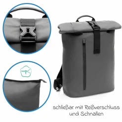 Wickelrucksack Oslo im Rolltop-Design mit variablem Stauraum inkl. Wickelunterlage, Flaschenwärmer & Befestigungshaken - Grau