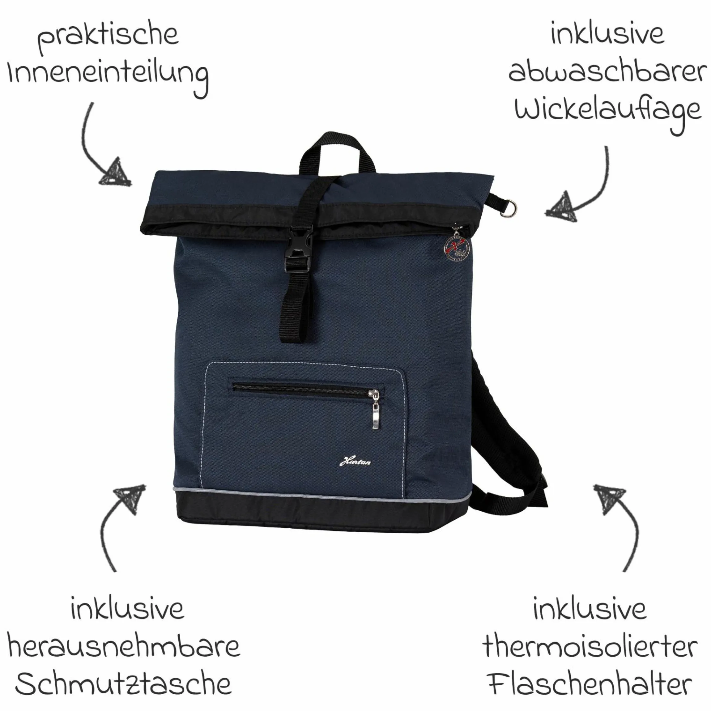 Wickelrucksack Space Bag Casual Rolltop inkl. Wickelauflage, Schmutztasche & Flaschenhalter - Navy Stripes - Kollektion 2024