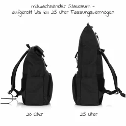 Wickelrucksack Tokio im Rolltopstil inkl. Wickelunterlage, variabler Stauraum, Thermofach & Befestigungshaken - Schwarz