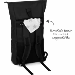 Wickelrucksack Tokio im Rolltopstil inkl. Wickelunterlage, variabler Stauraum, Thermofach & Befestigungshaken - Schwarz
