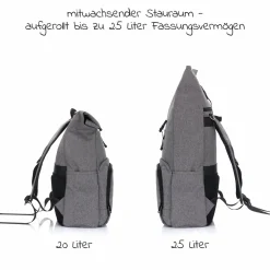 Wickelrucksack Tokio im Rolltopstil inkl. Wickelunterlage, variabler Stauraum, Thermofach & Befestigungshaken - Grau Melange