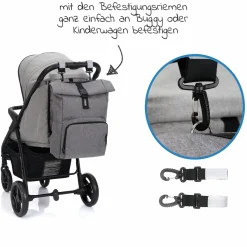 Wickelrucksack Tokio im Rolltopstil inkl. Wickelunterlage, variabler Stauraum, Thermofach & Befestigungshaken - Grau Melange