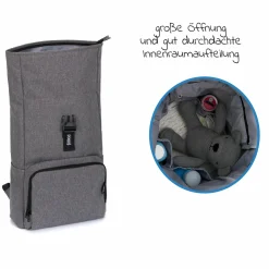 Wickelrucksack Tokio im Rolltopstil inkl. Wickelunterlage, variabler Stauraum, Thermofach & Befestigungshaken - Grau Melange