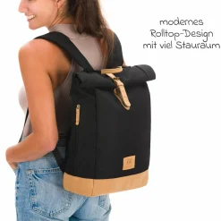 Wickeltasche Berlin im Rolltop-Design mit variablem Stauraum, ergonomische Gurte, Thermofach, Kinderwagenbefestigung & Wickelunterlage - Schwarz