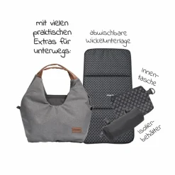 Wickeltasche N°5 mit Wickelunterlage, Reißverschlusstasche, Täschchen & Isolierbehälter - Grau Meliert - Kollektion 2024
