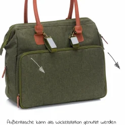 Wickeltasche Oxford mit Wickelauflage, Innnen- & Außenfächer - Dunkelgrün Melange