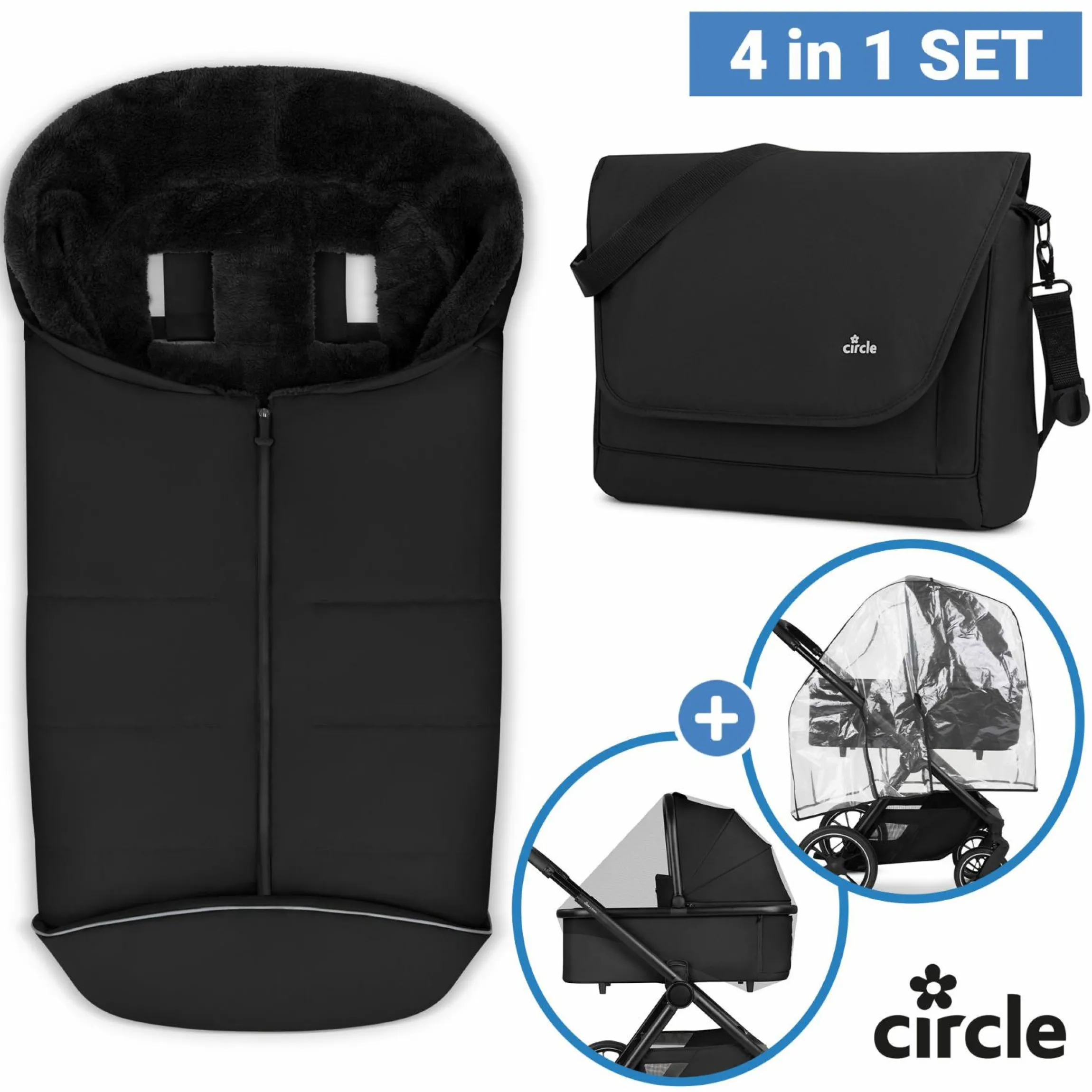 Zubehör-Set Kinderwagen mit Wickeltasche Easy, Winterfußsack, Regenschutz & Moskitonetz - Black