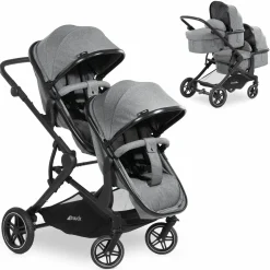 Zwillingskinderwagen Atlantic Twin (inkl. Babywanne für Neugeborene) - bis 36 kg belastbar - Melange Grey